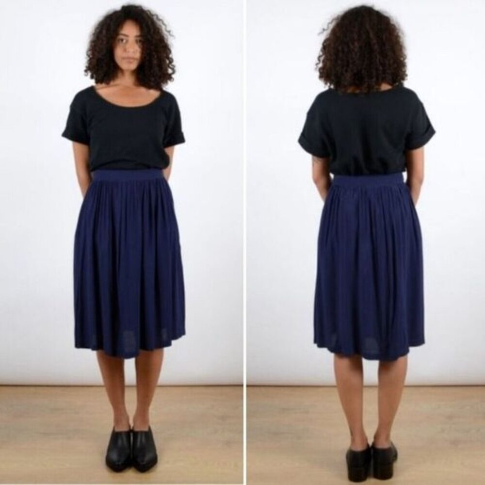 MINIMUM Denmark Maddalena Plisse Flowy Midi Skirt Navy Blue Sz S Flawed - Picture 2 of 11